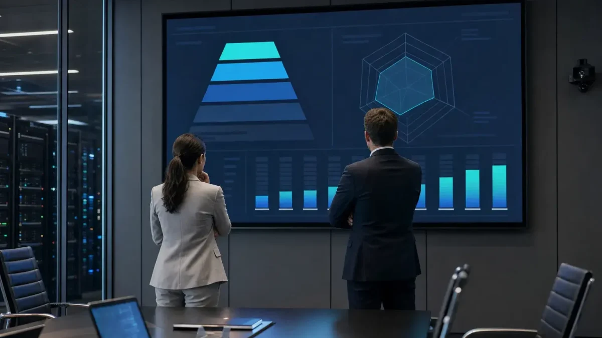 Two professionals in a dark conference room review a large screen showing a blue pyramid chart, radar chart, and bar graphs.