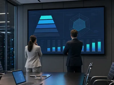 Two professionals in a dark conference room review a large screen showing a blue pyramid chart, radar chart, and bar graphs.