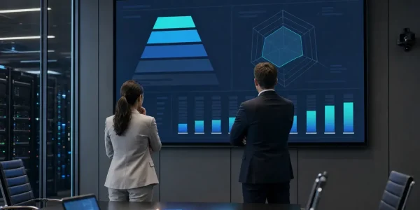 Two professionals in a dark conference room review a large screen showing a blue pyramid chart, radar chart, and bar graphs.