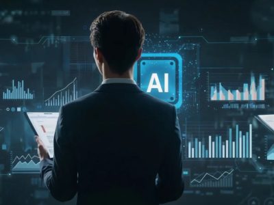 Back view of a businessperson in a suit facing a holographic AI dashboard with charts and data