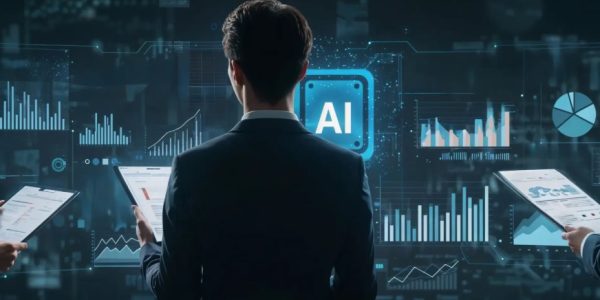 Back view of a businessperson in a suit facing a holographic AI dashboard with charts and data