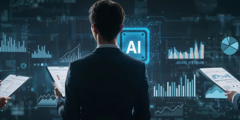 Back view of a businessperson in a suit facing a holographic AI dashboard with charts and data