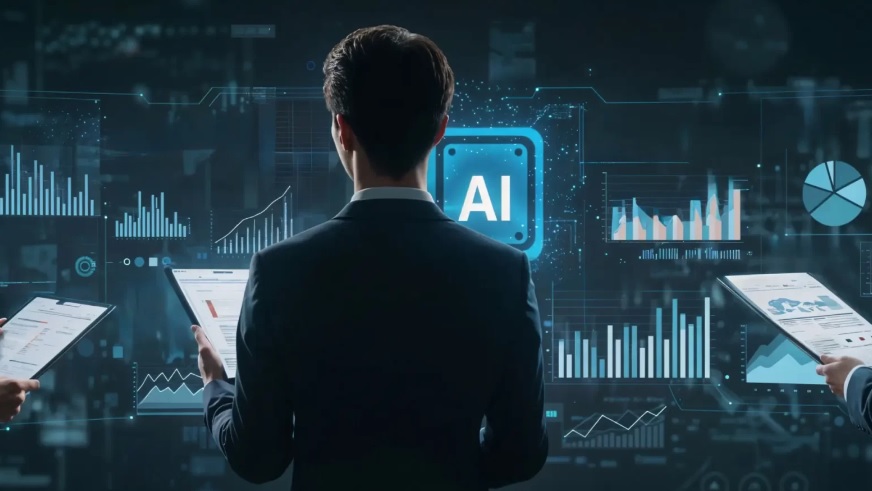 Back view of a businessperson in a suit facing a holographic AI dashboard with charts and data