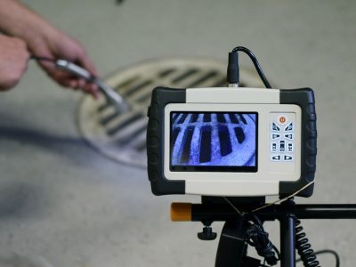 Portable inspection camera on a tripod displaying a metal drain grate on its screen, viewed up close