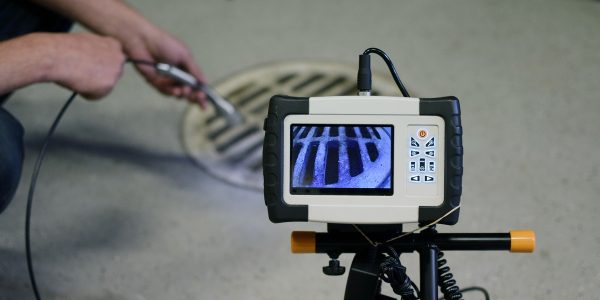 Portable inspection camera on a tripod displaying a metal drain grate on its screen, viewed up close