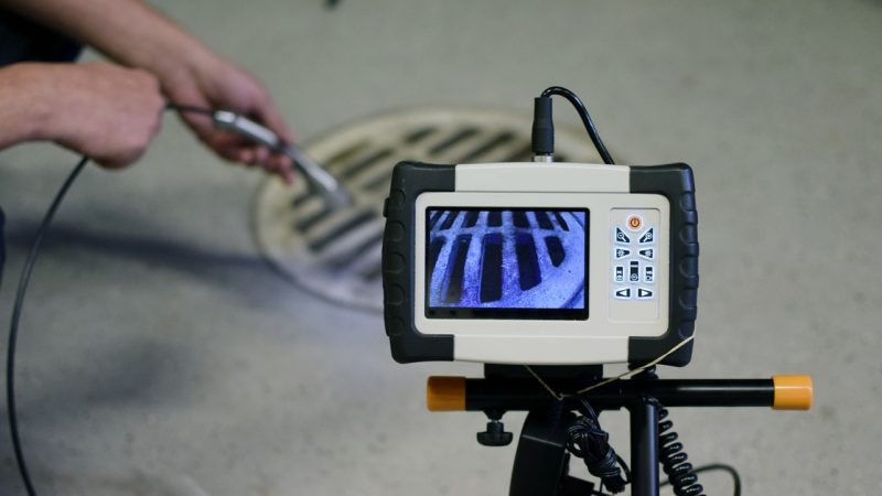 Portable inspection camera on a tripod displaying a metal drain grate on its screen, viewed up close